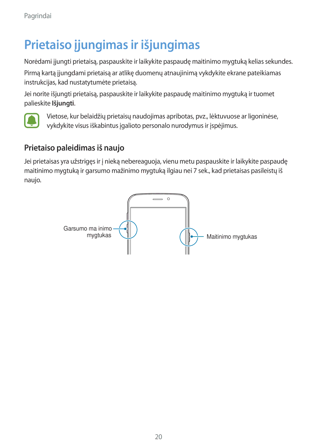 Samsung SM-G920FZBASEB manual Prietaiso įjungimas ir išjungimas, Prietaiso paleidimas iš naujo 