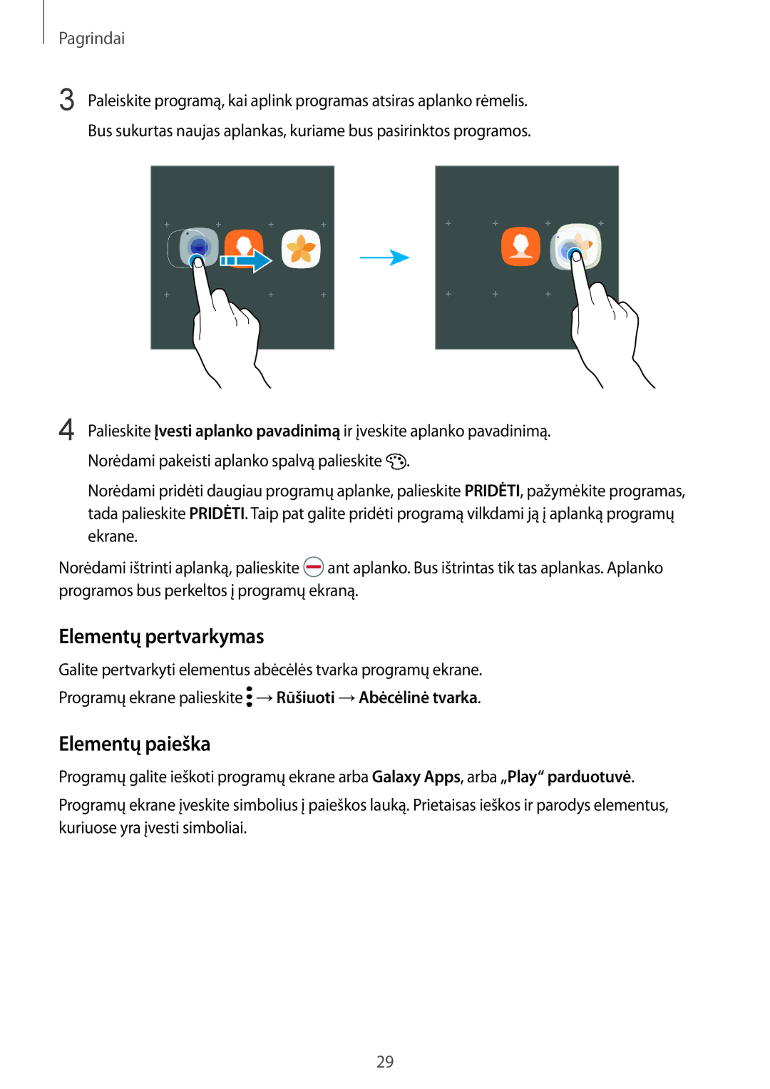 Samsung SM-G920FZBASEB manual Elementų pertvarkymas, Elementų paieška 