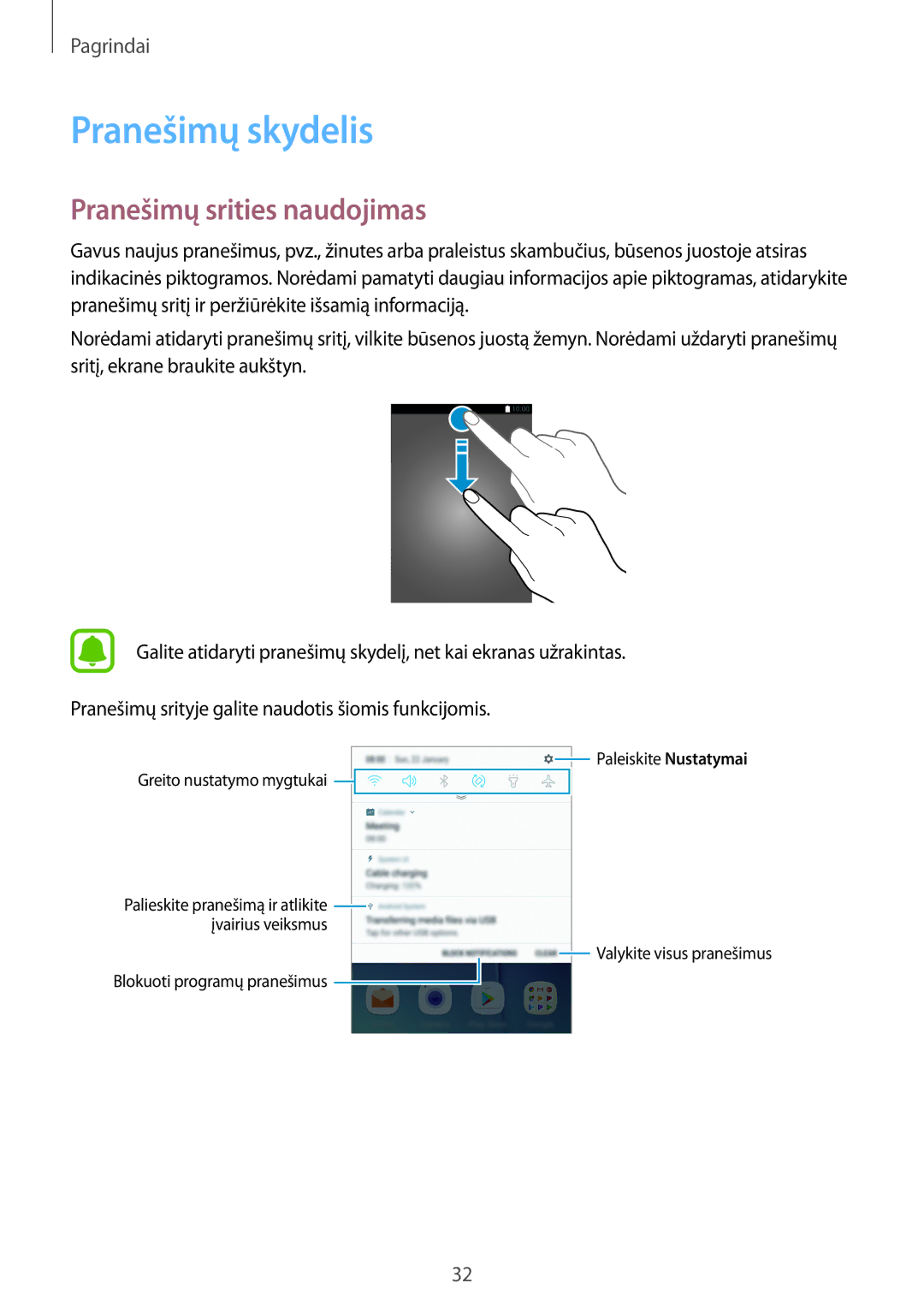 Samsung SM-G920FZBASEB manual Pranešimų skydelis, Pranešimų srities naudojimas 