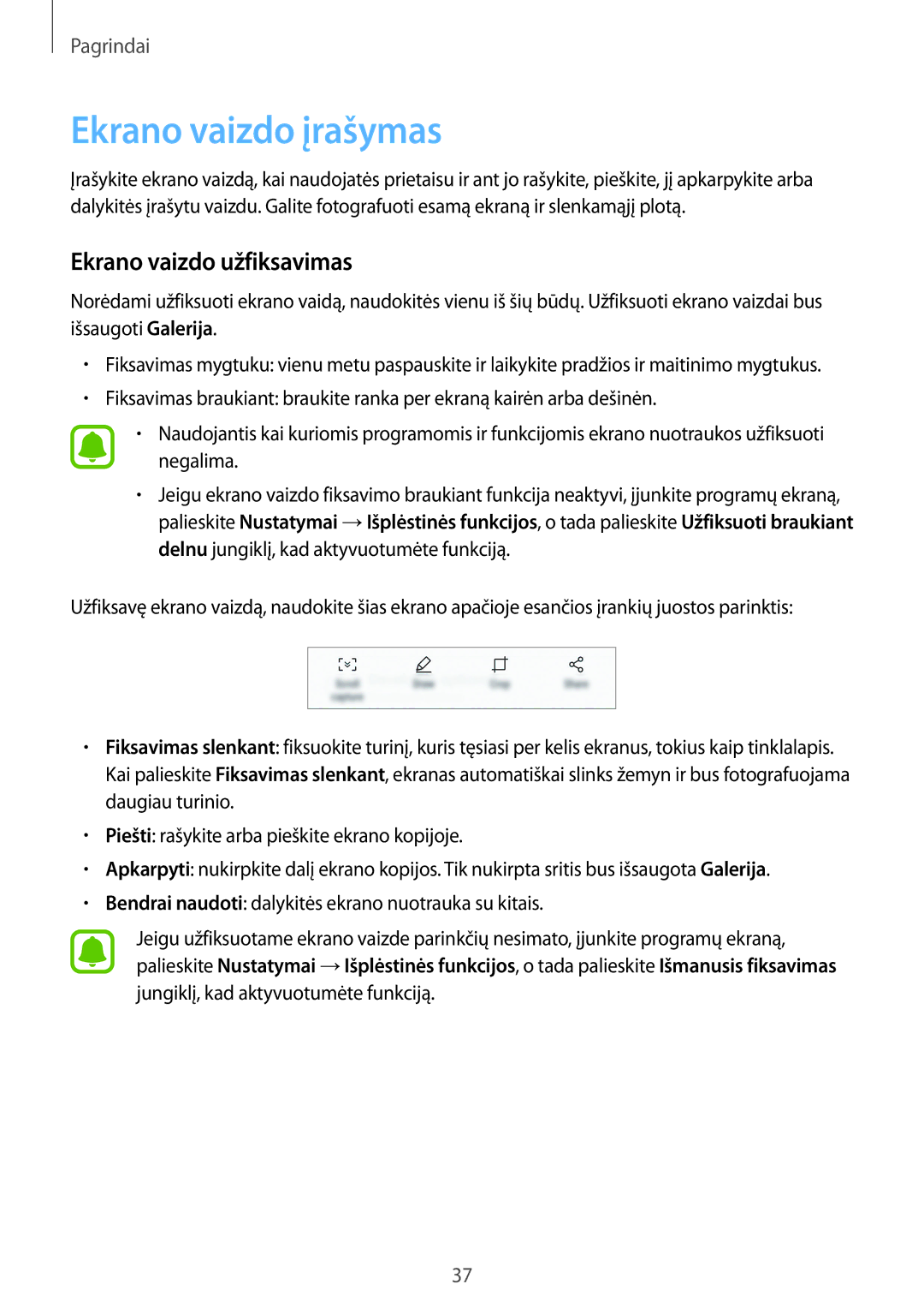 Samsung SM-G920FZBASEB manual Ekrano vaizdo įrašymas, Ekrano vaizdo užfiksavimas 