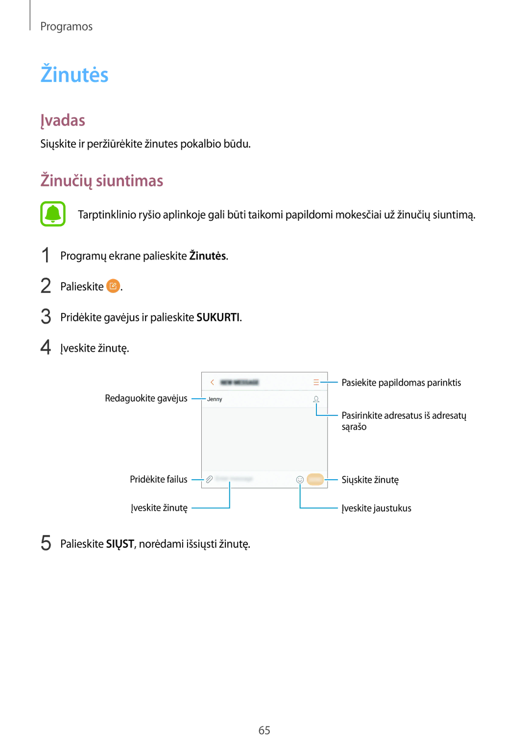 Samsung SM-G920FZBASEB manual Žinutės, Žinučių siuntimas 