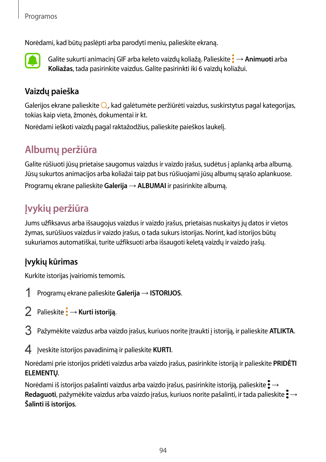 Samsung SM-G920FZBASEB manual Albumų peržiūra, Įvykių peržiūra, Vaizdų paieška, Įvykių kūrimas, Palieskite →Kurti istoriją 