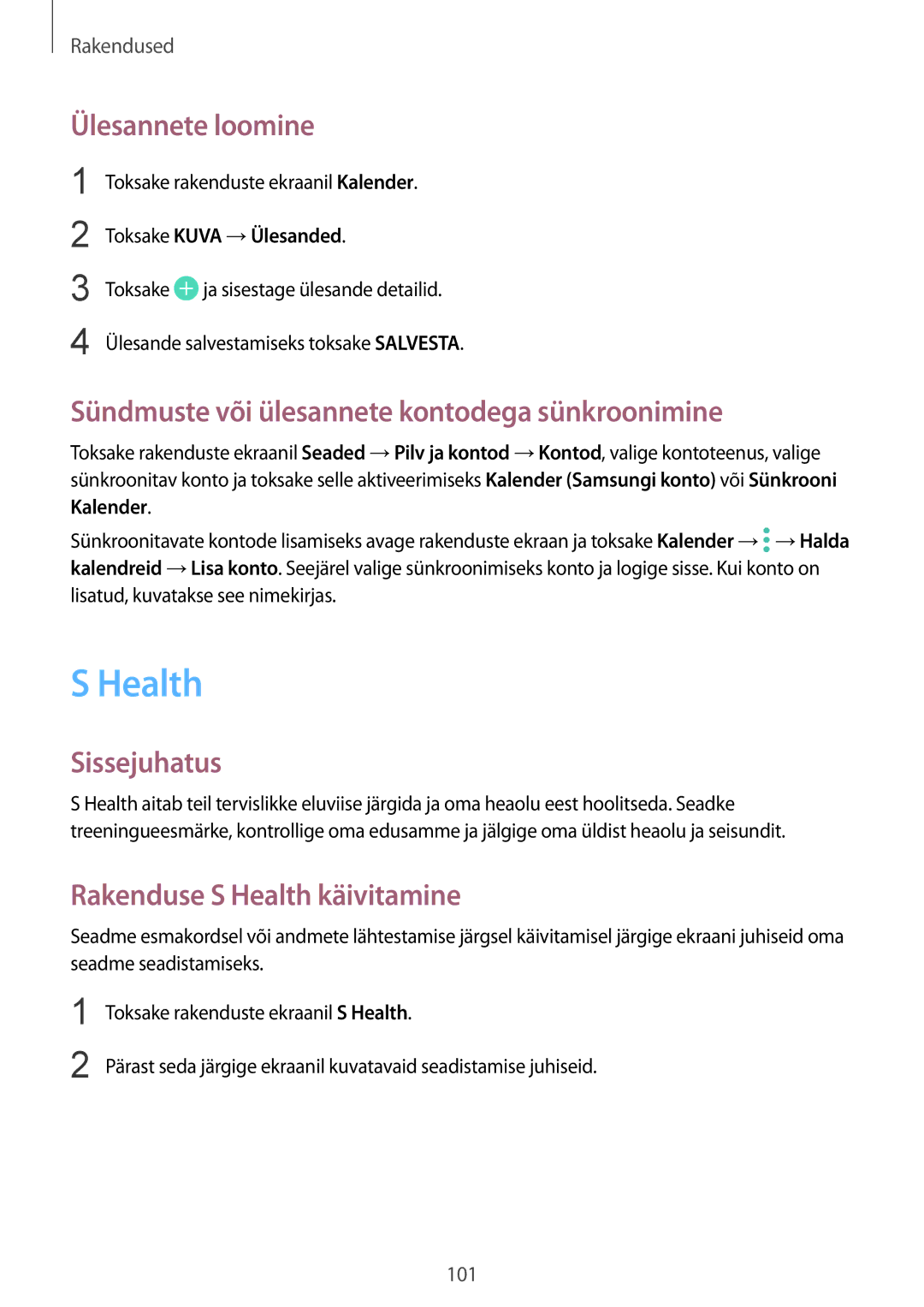 Samsung SM-G920FZBASEB manual Health, Ülesannete loomine, Sündmuste või ülesannete kontodega sünkroonimine 