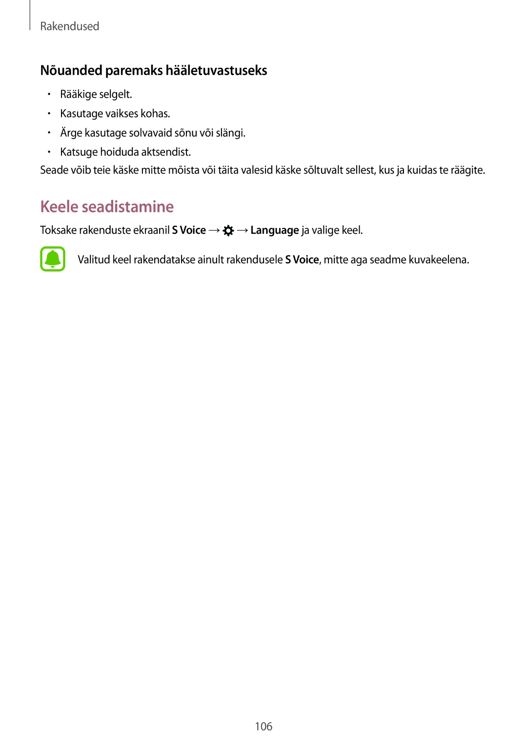 Samsung SM-G920FZBASEB manual Keele seadistamine, Nõuanded paremaks hääletuvastuseks 