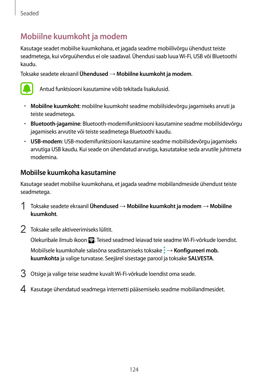 Samsung SM-G920FZBASEB manual Mobiilne kuumkoht ja modem, Mobiilse kuumkoha kasutamine 