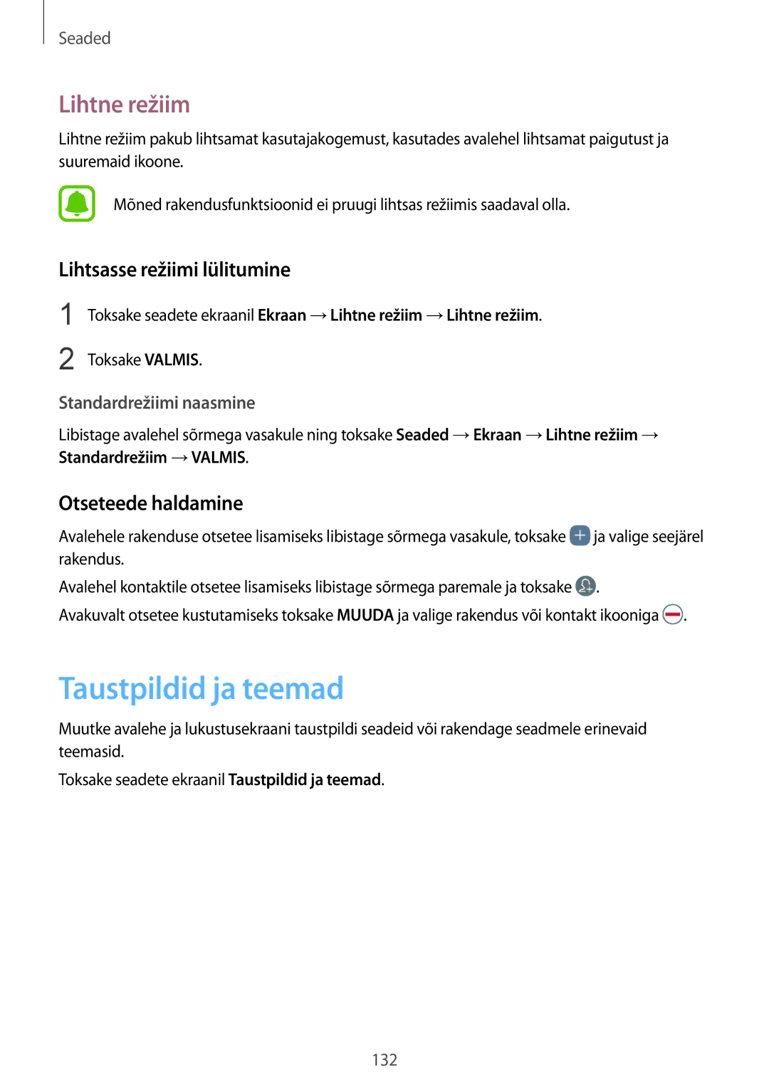 Samsung SM-G920FZBASEB manual Taustpildid ja teemad, Lihtne režiim, Lihtsasse režiimi lülitumine, Otseteede haldamine 