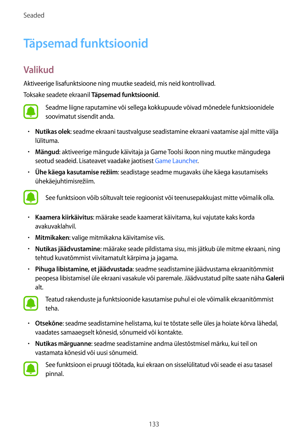 Samsung SM-G920FZBASEB manual Täpsemad funktsioonid, Valikud 