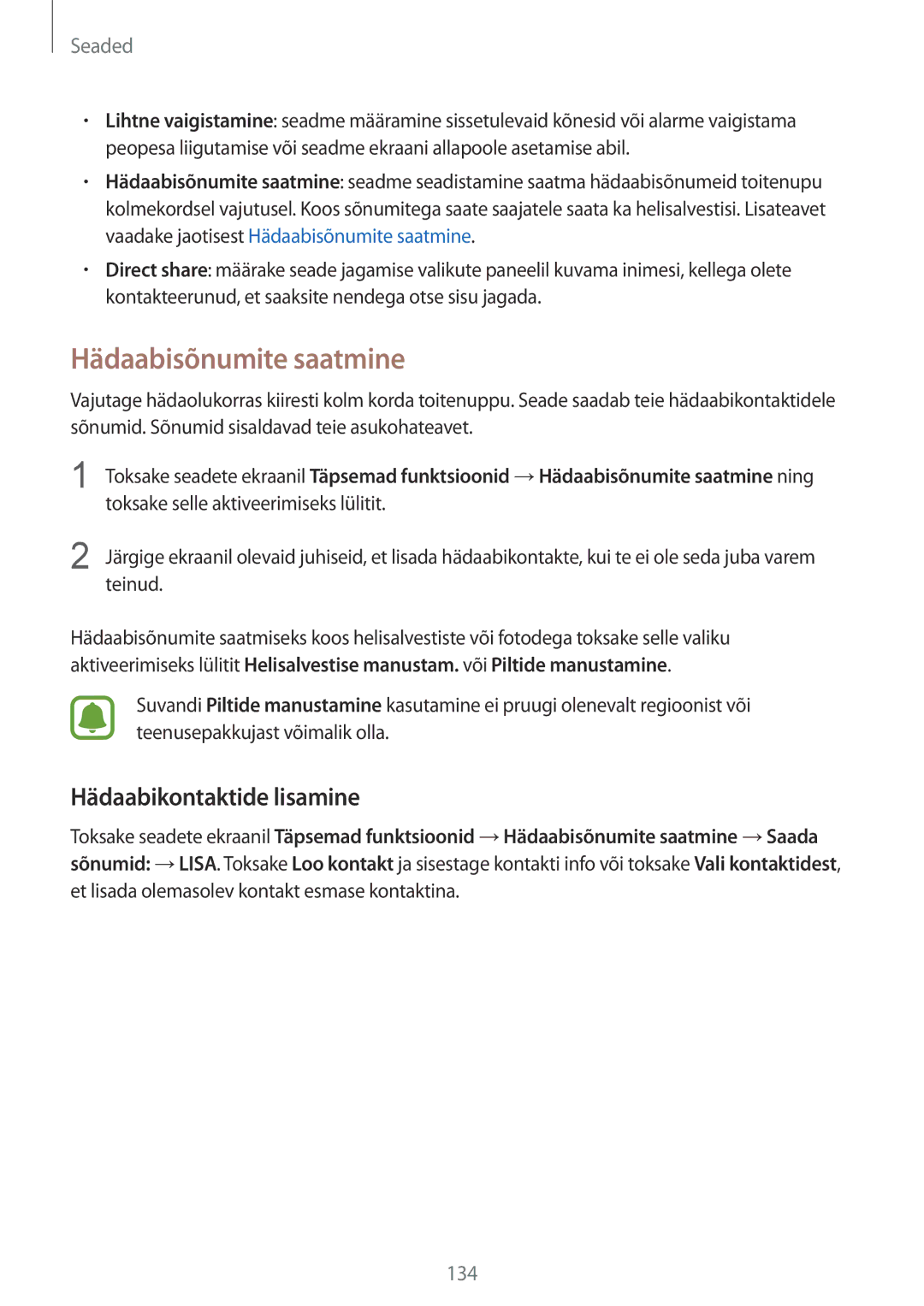 Samsung SM-G920FZBASEB manual Hädaabisõnumite saatmine, Hädaabikontaktide lisamine 