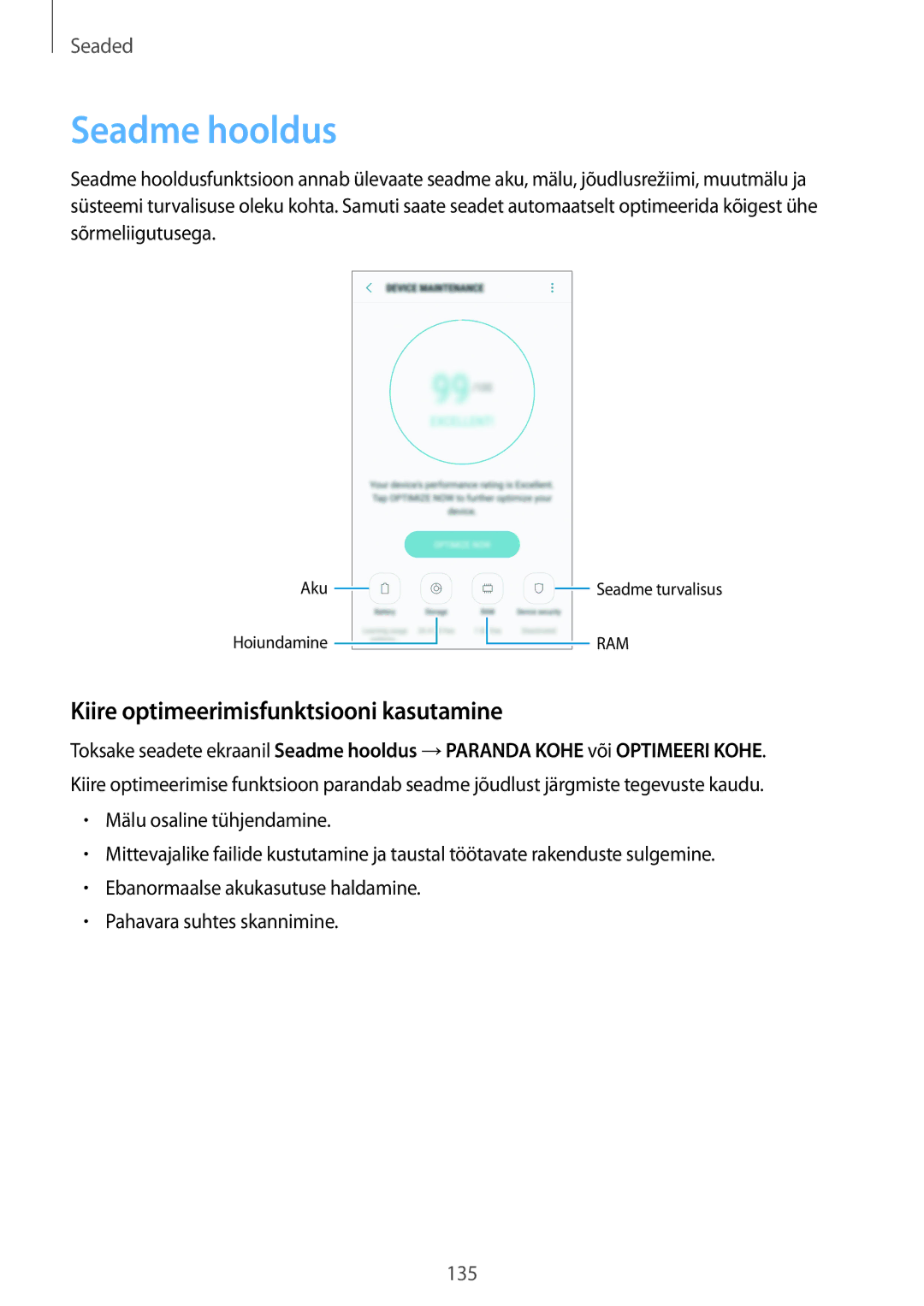 Samsung SM-G920FZBASEB manual Seadme hooldus, Kiire optimeerimisfunktsiooni kasutamine 