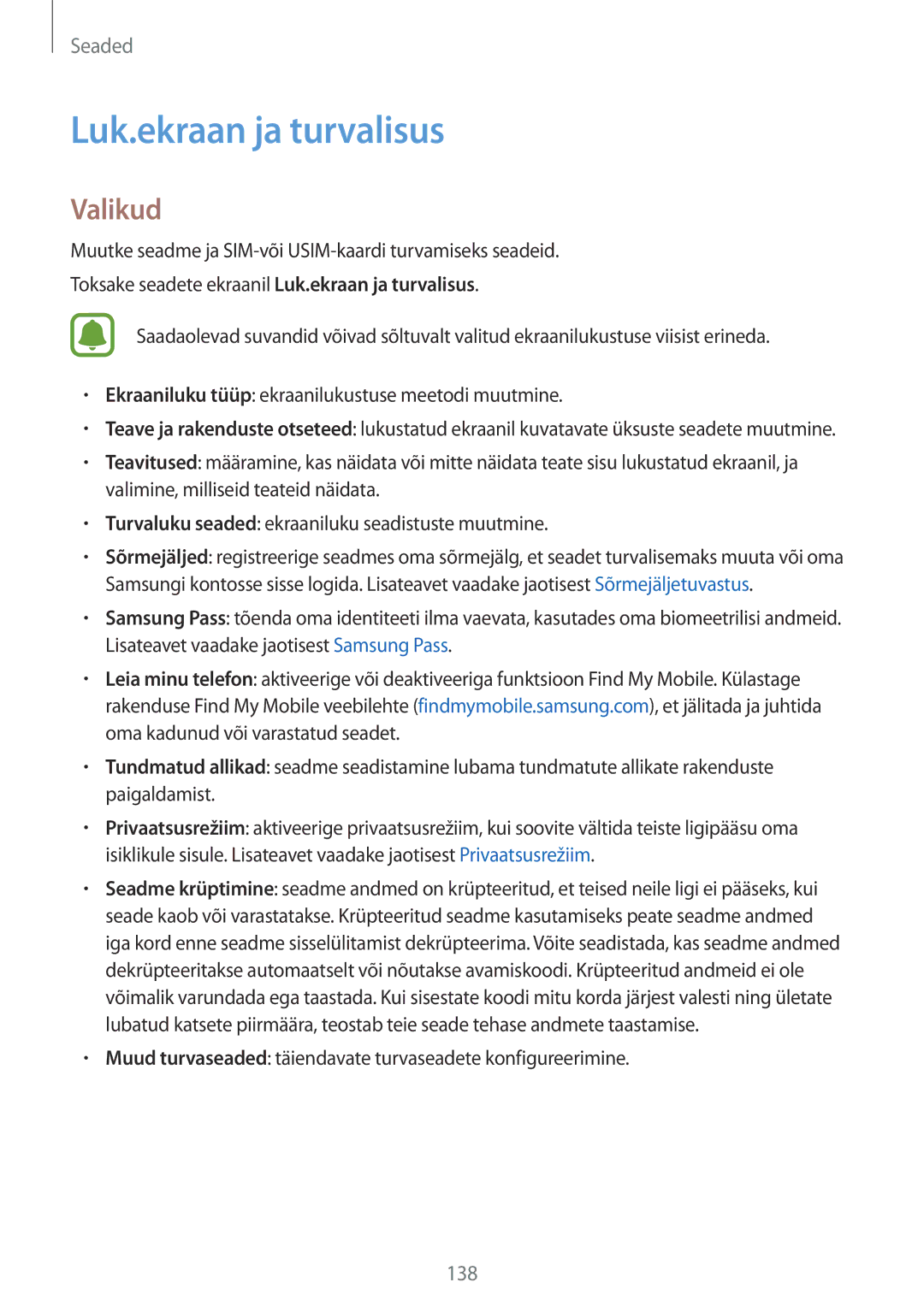 Samsung SM-G920FZBASEB manual Luk.ekraan ja turvalisus, Valikud 