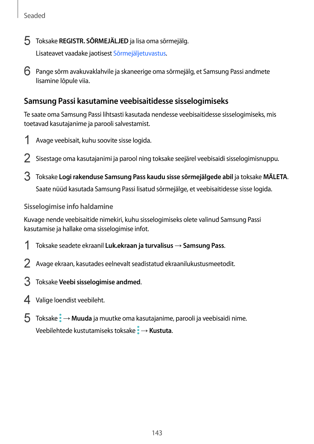 Samsung SM-G920FZBASEB manual Samsung Passi kasutamine veebisaitidesse sisselogimiseks, Sisselogimise info haldamine 