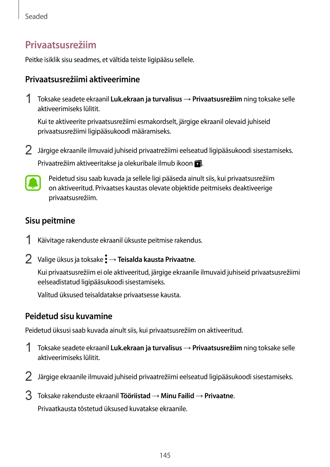 Samsung SM-G920FZBASEB manual Privaatsusrežiimi aktiveerimine, Sisu peitmine, Peidetud sisu kuvamine 