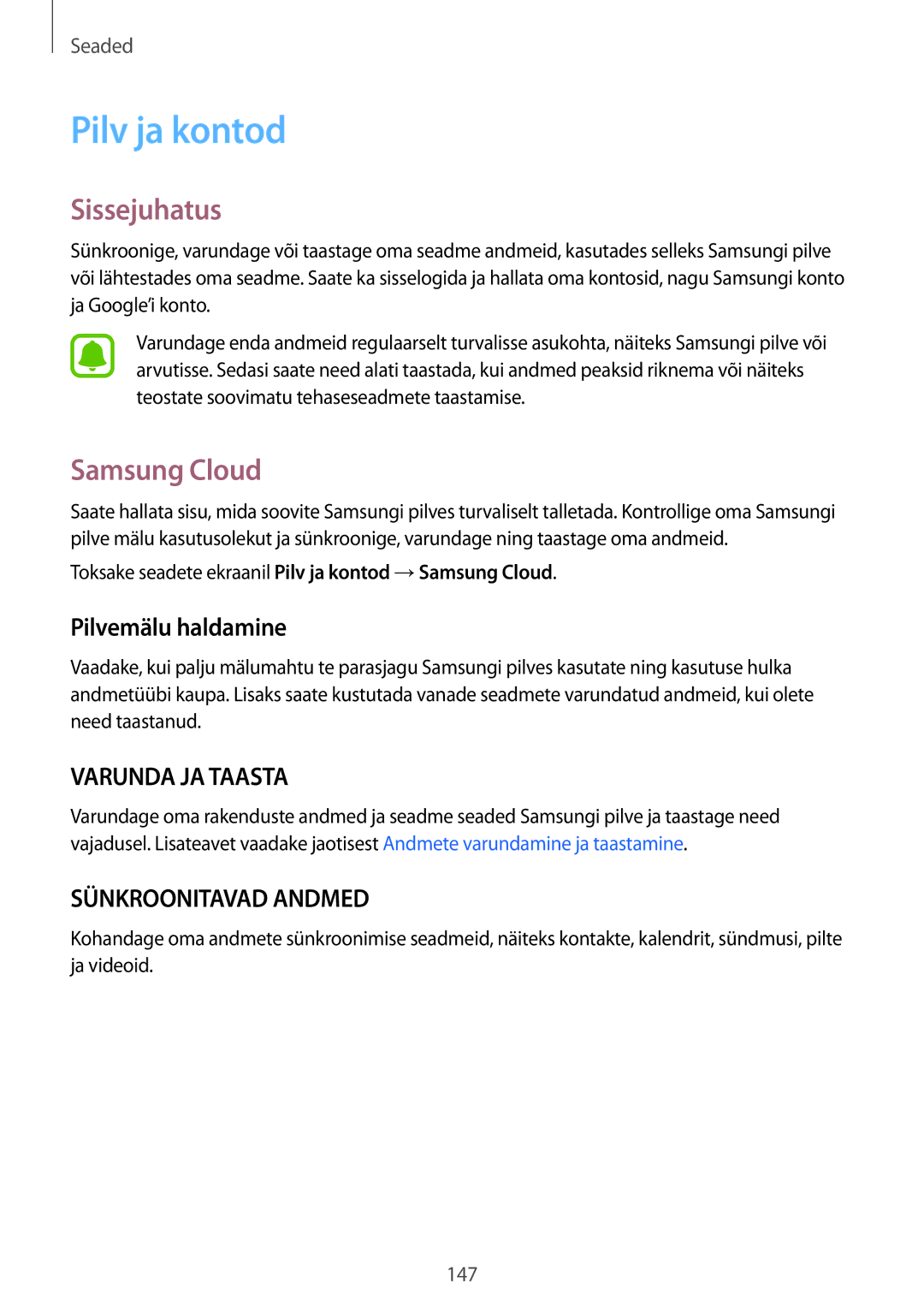 Samsung SM-G920FZBASEB manual Pilv ja kontod, Samsung Cloud, Pilvemälu haldamine 