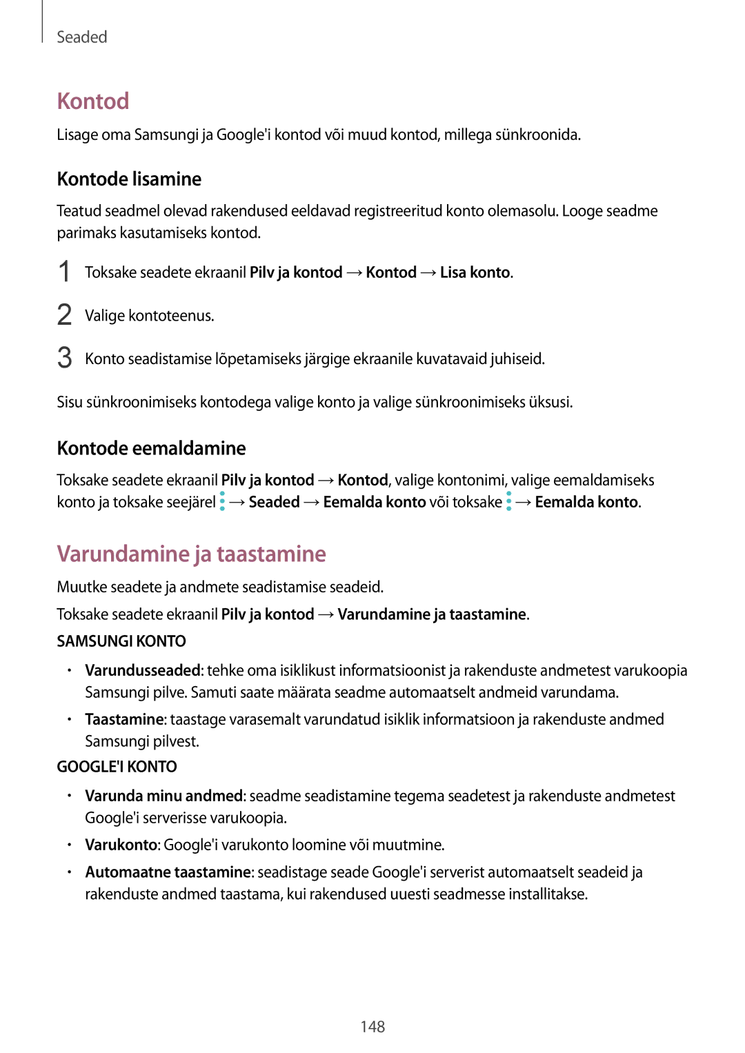 Samsung SM-G920FZBASEB manual Varundamine ja taastamine, Kontode lisamine, Kontode eemaldamine 