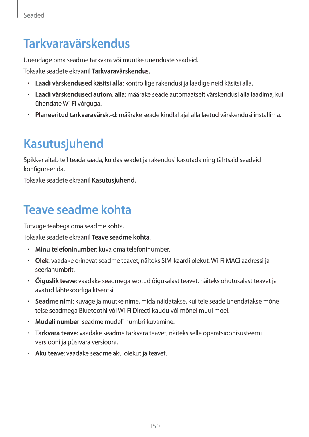 Samsung SM-G920FZBASEB manual Tarkvaravärskendus, Kasutusjuhend, Teave seadme kohta 