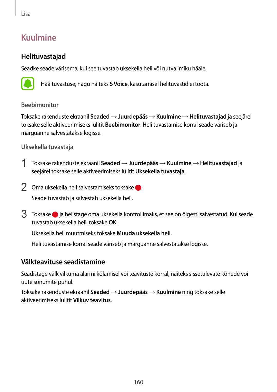 Samsung SM-G920FZBASEB manual Kuulmine, Helituvastajad, Välkteavituse seadistamine, Beebimonitor, Uksekella tuvastaja 