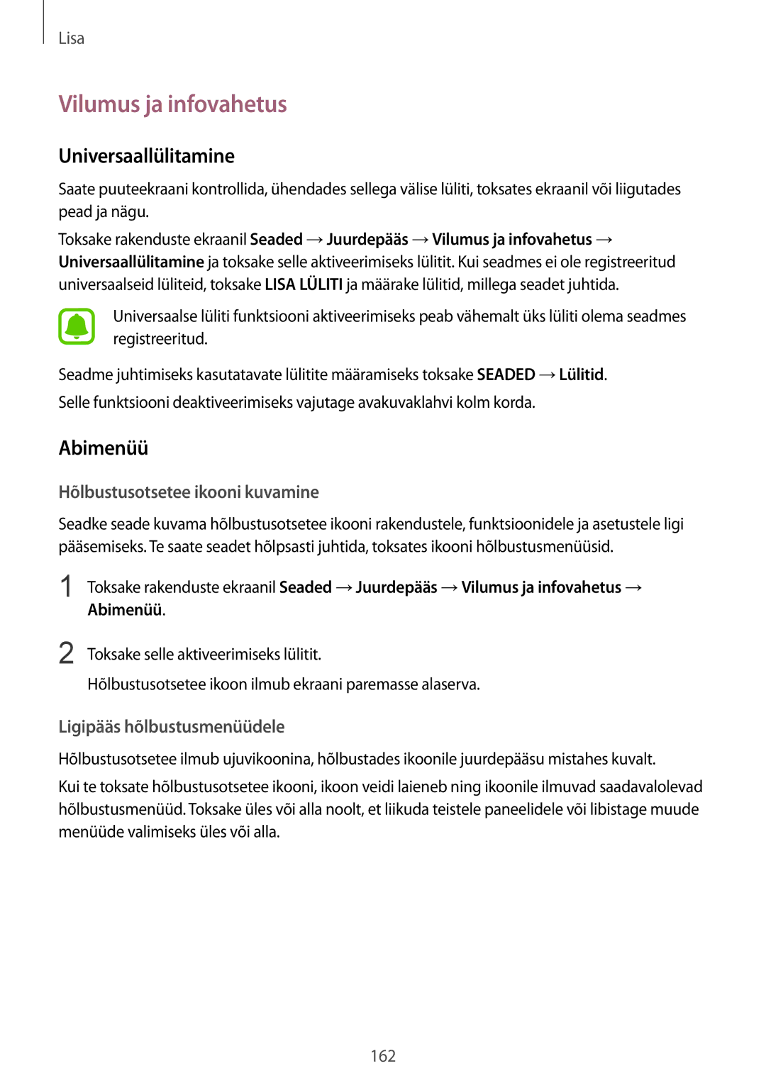 Samsung SM-G920FZBASEB manual Vilumus ja infovahetus, Universaallülitamine, Abimenüü, Hõlbustusotsetee ikooni kuvamine 