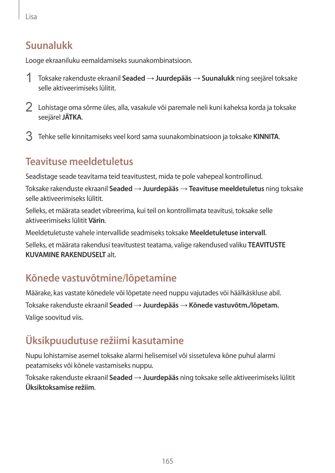 Samsung SM-G920FZBASEB manual Suunalukk, Teavituse meeldetuletus, Kõnede vastuvõtmine/lõpetamine 