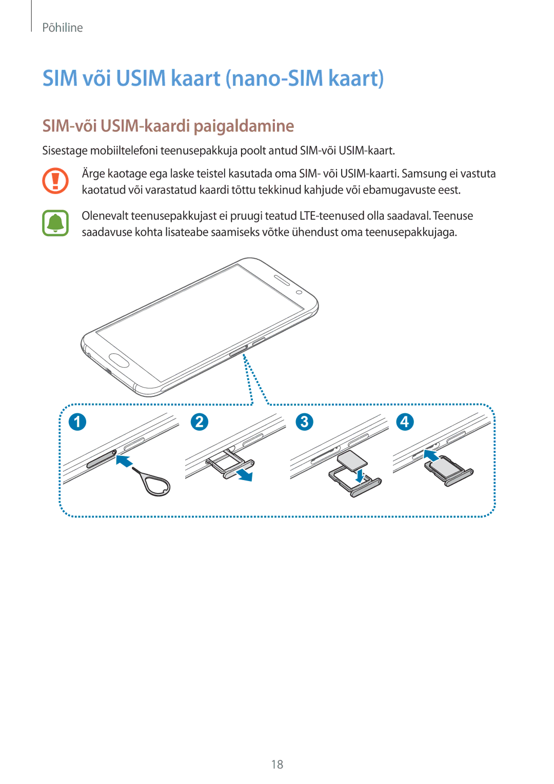 Samsung SM-G920FZBASEB manual SIM või Usim kaart nano-SIM kaart, SIM-või USIM-kaardi paigaldamine 