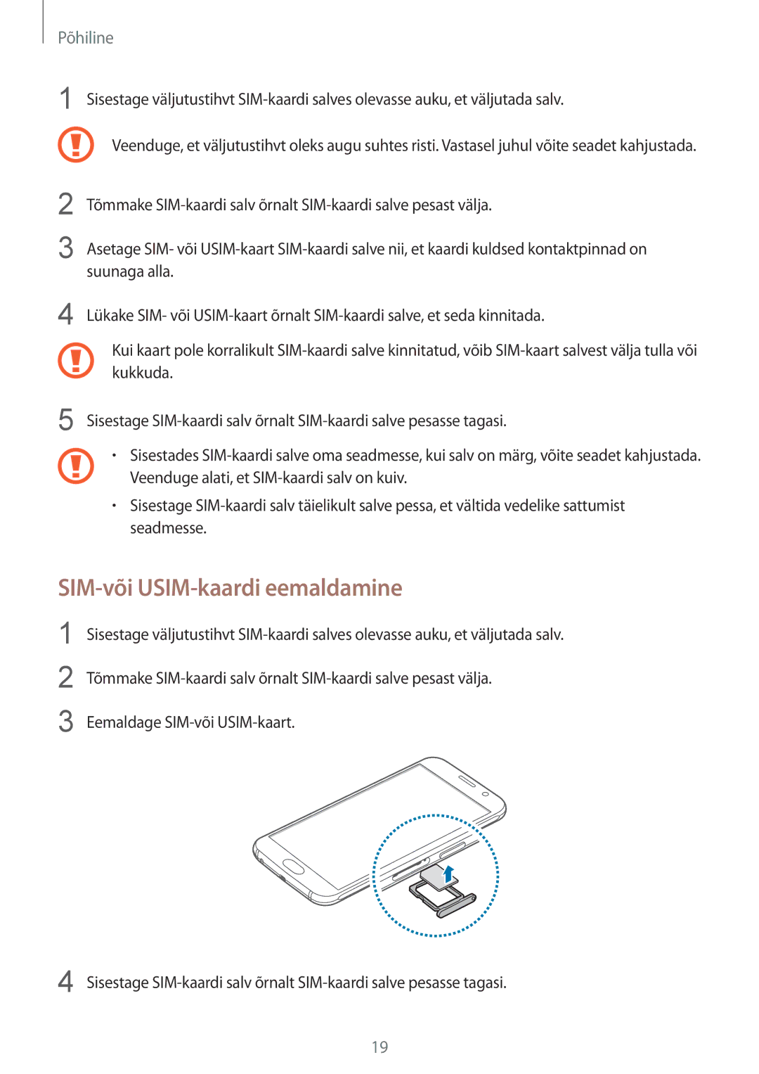 Samsung SM-G920FZBASEB manual SIM-või USIM-kaardi eemaldamine 