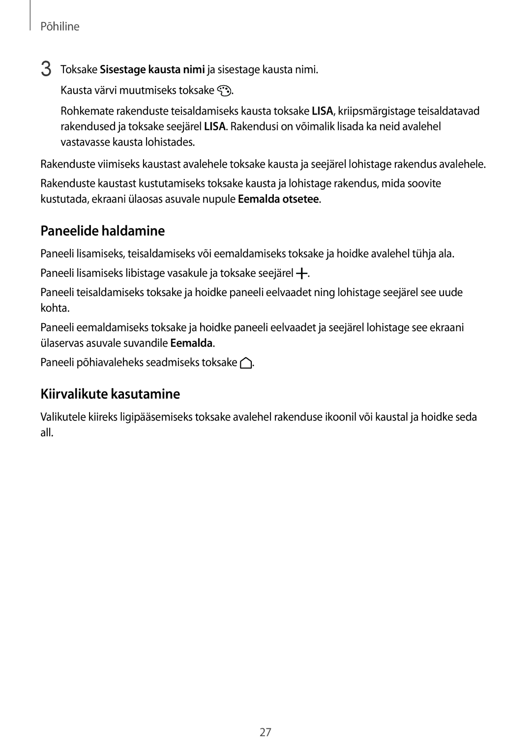 Samsung SM-G920FZBASEB manual Paneelide haldamine, Kiirvalikute kasutamine 