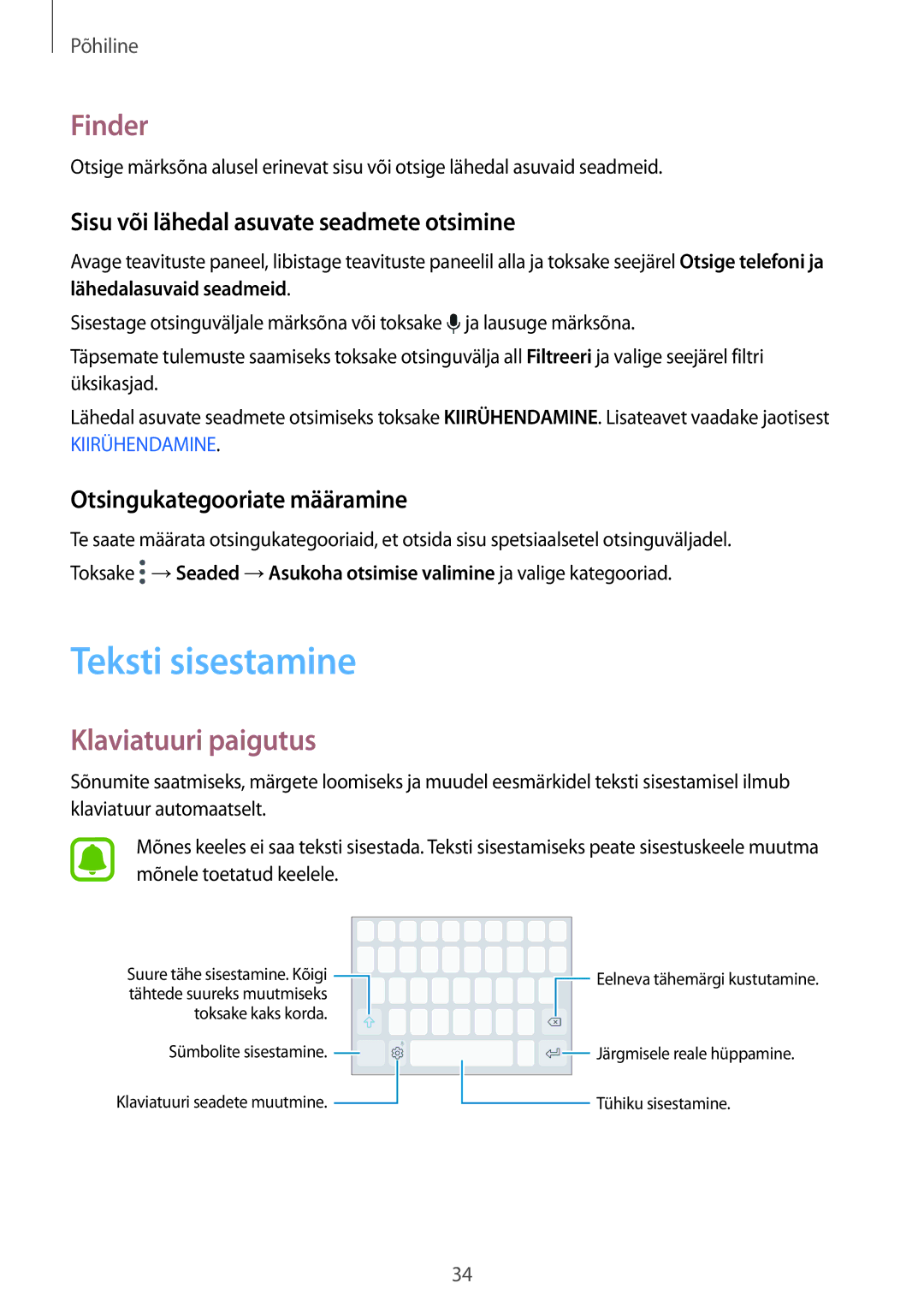 Samsung SM-G920FZBASEB manual Teksti sisestamine, Finder, Klaviatuuri paigutus, Sisu või lähedal asuvate seadmete otsimine 