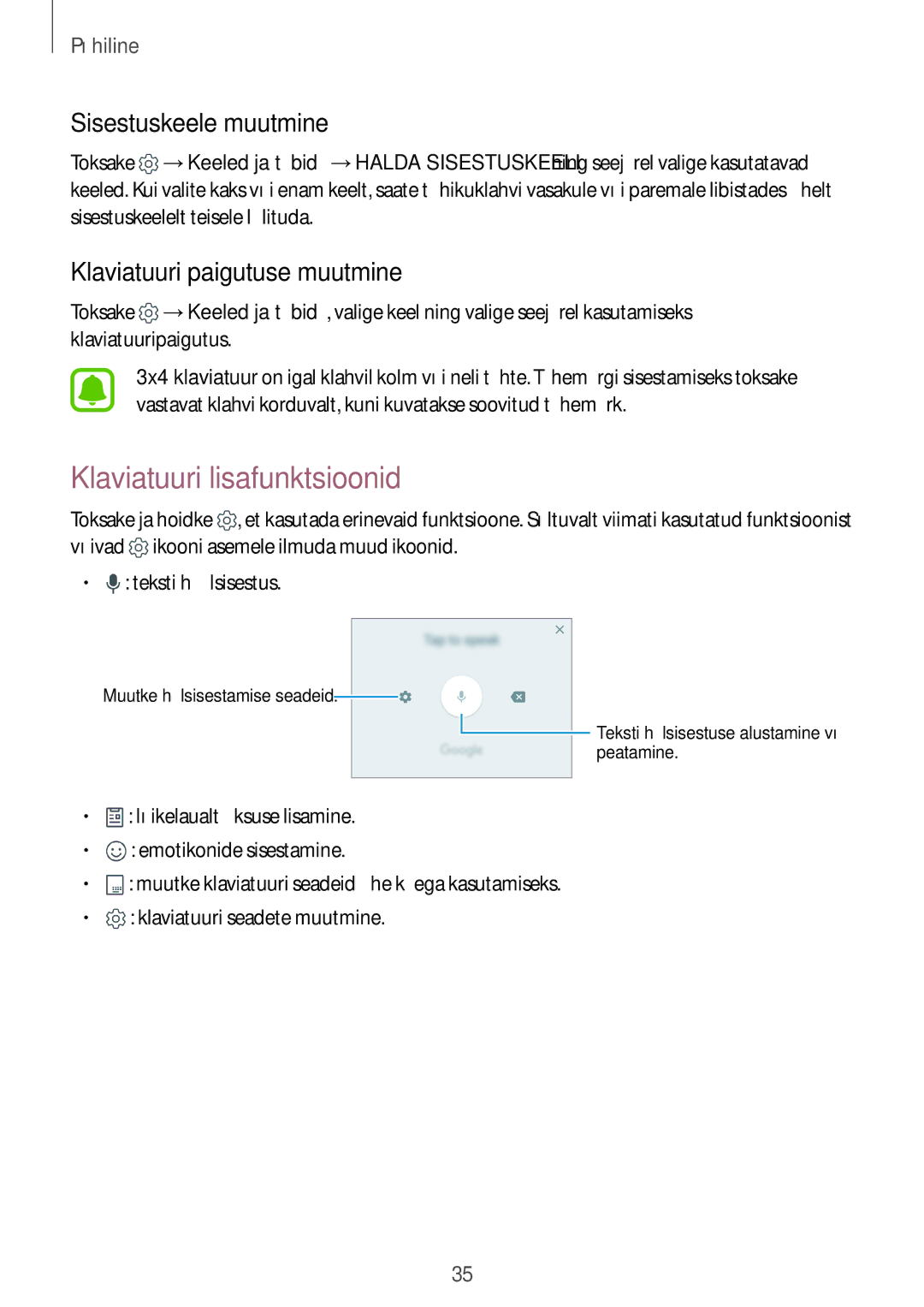 Samsung SM-G920FZBASEB manual Klaviatuuri lisafunktsioonid, Sisestuskeele muutmine, Klaviatuuri paigutuse muutmine 