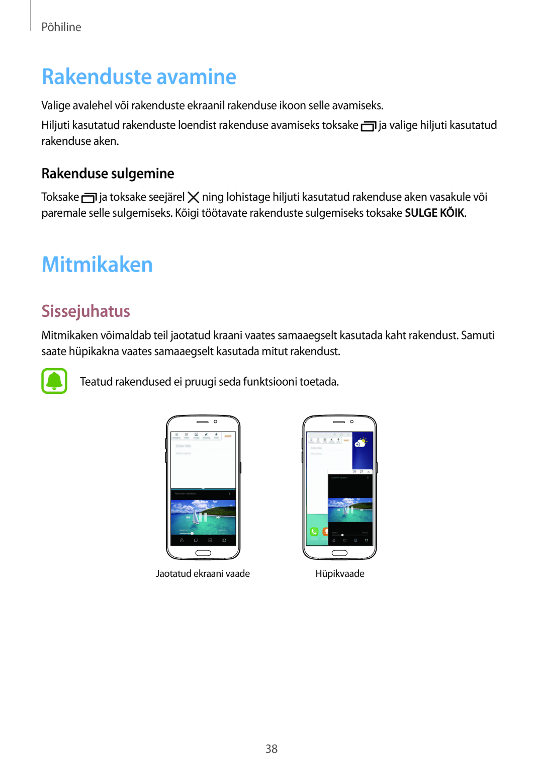 Samsung SM-G920FZBASEB manual Rakenduste avamine, Mitmikaken, Sissejuhatus, Rakenduse sulgemine 