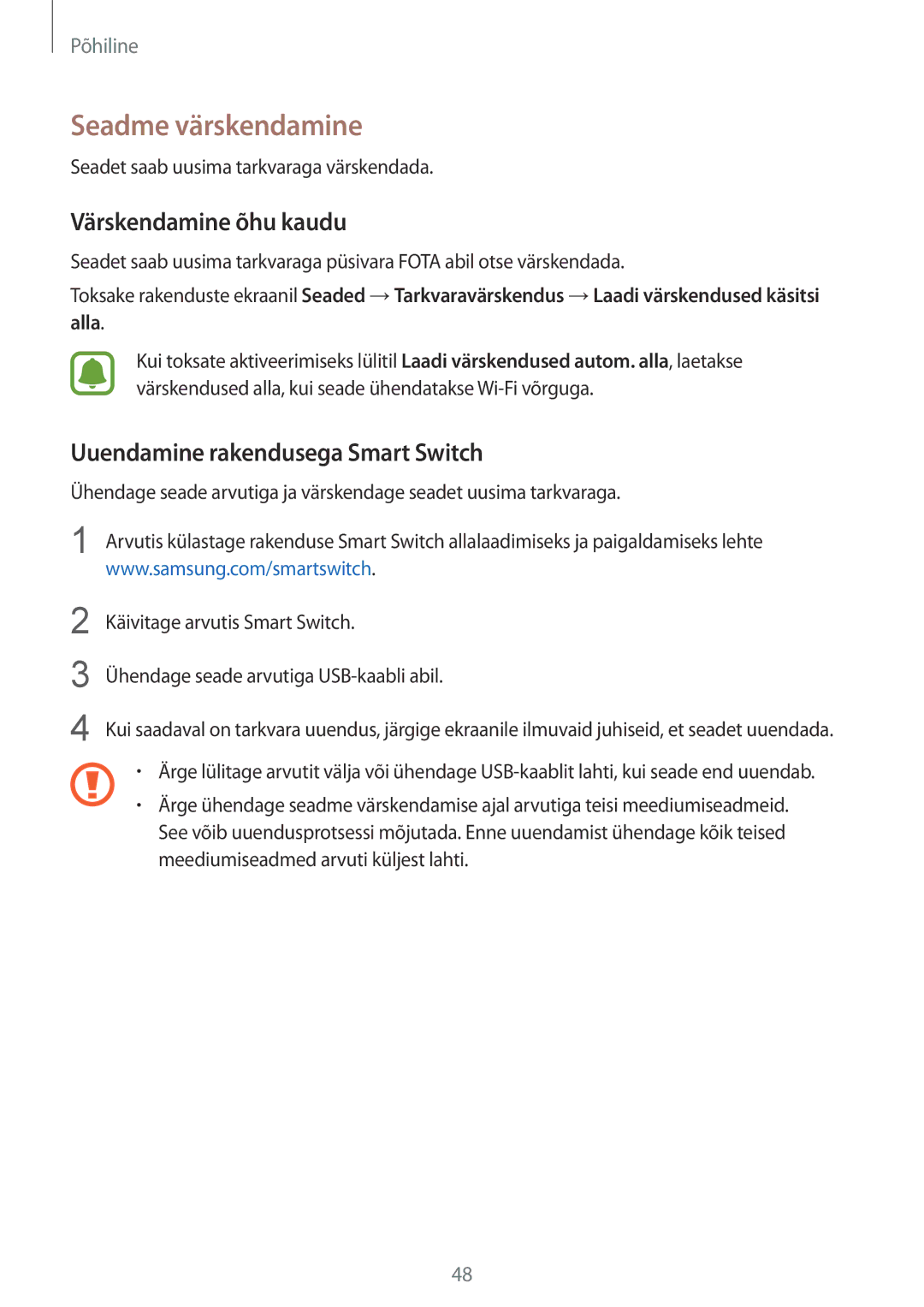 Samsung SM-G920FZBASEB manual Seadme värskendamine, Värskendamine õhu kaudu, Uuendamine rakendusega Smart Switch 