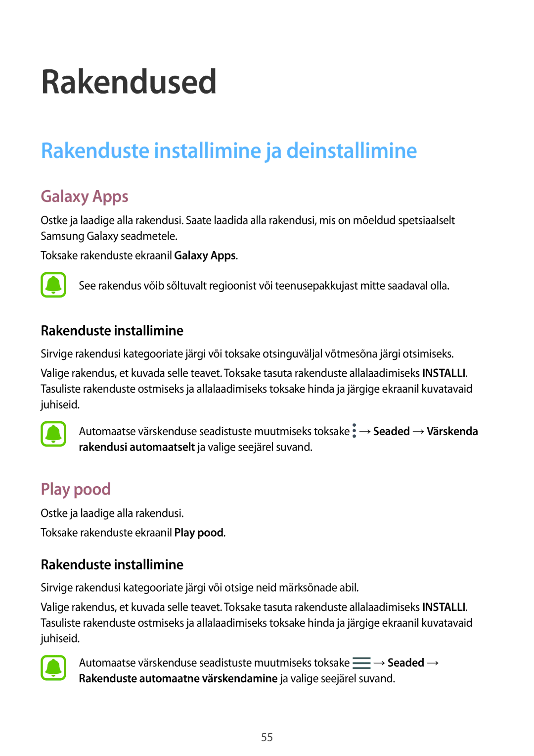 Samsung SM-G920FZBASEB manual Rakenduste installimine ja deinstallimine, Galaxy Apps, Play pood 