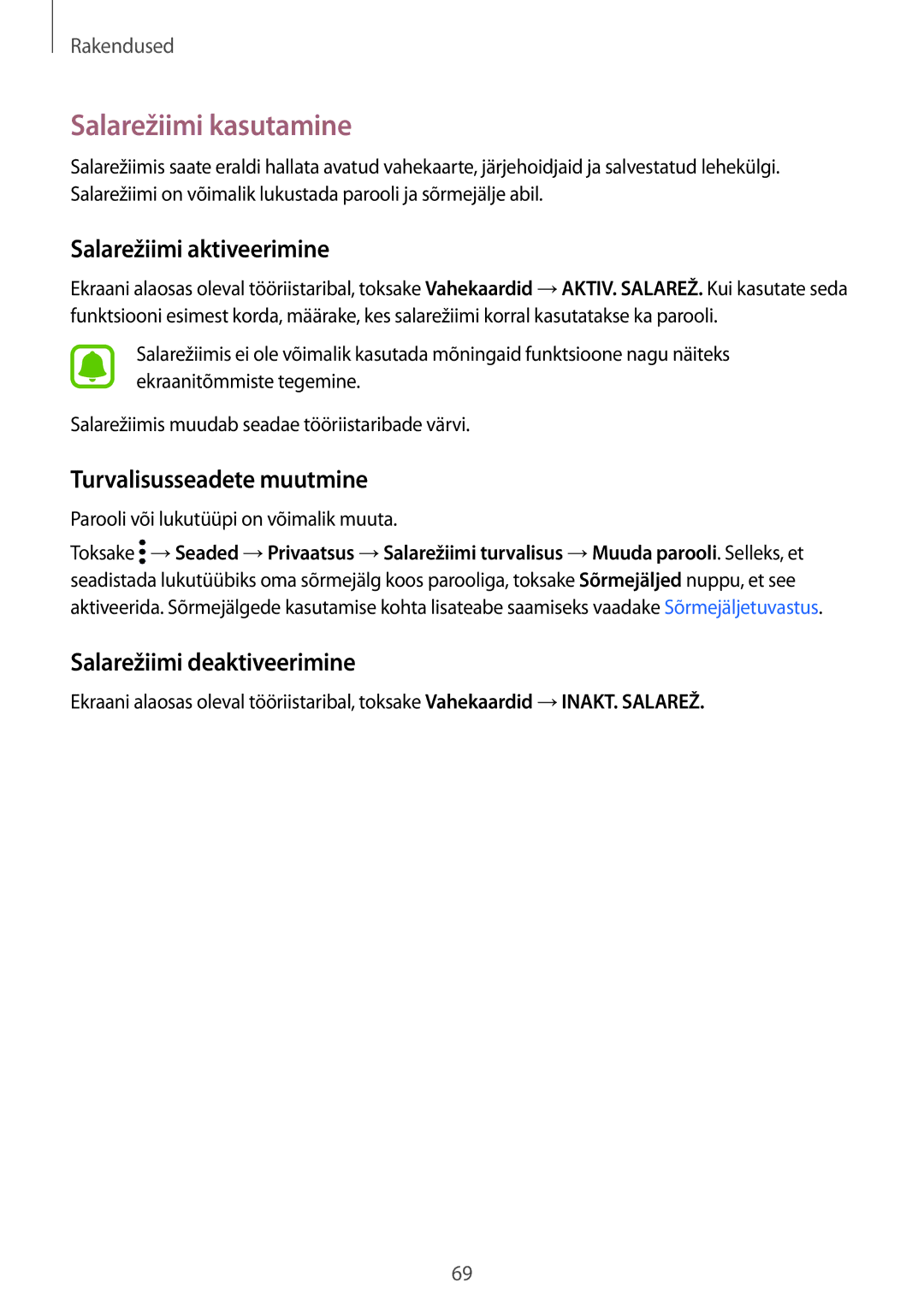 Samsung SM-G920FZBASEB manual Salarežiimi kasutamine, Salarežiimi aktiveerimine, Turvalisusseadete muutmine 