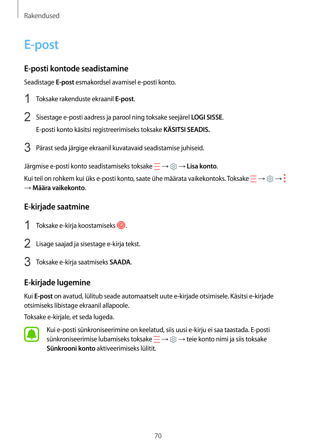 Samsung SM-G920FZBASEB manual Posti kontode seadistamine, Kirjade saatmine, Kirjade lugemine, → Määra vaikekonto 