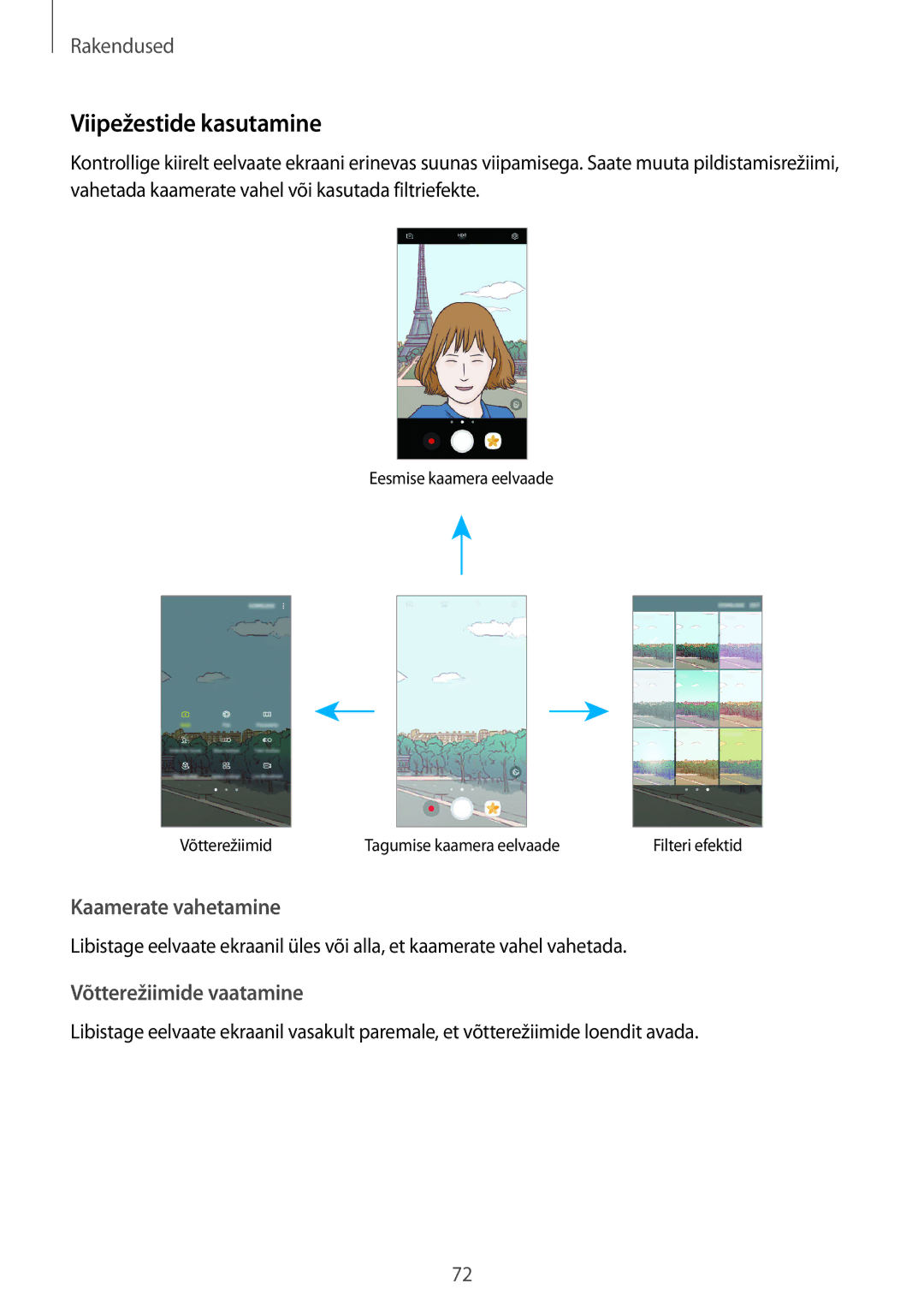 Samsung SM-G920FZBASEB manual Viipežestide kasutamine, Kaamerate vahetamine, Võtterežiimide vaatamine 