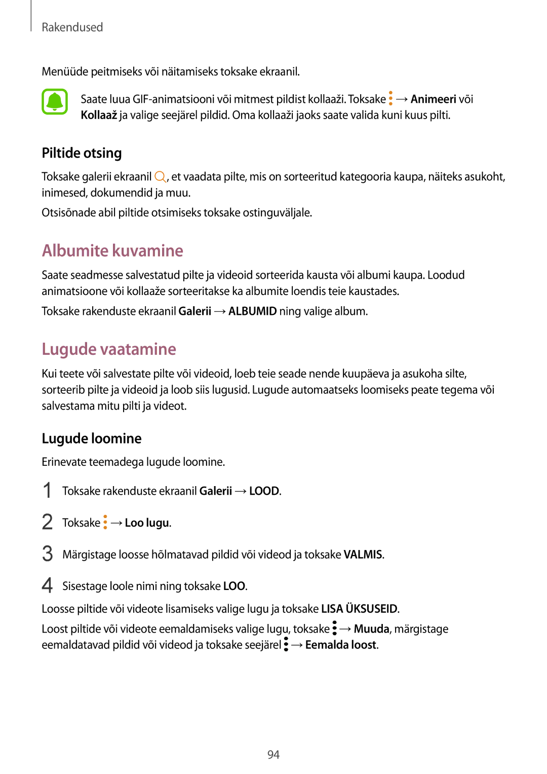 Samsung SM-G920FZBASEB manual Albumite kuvamine, Lugude vaatamine, Piltide otsing, Lugude loomine 