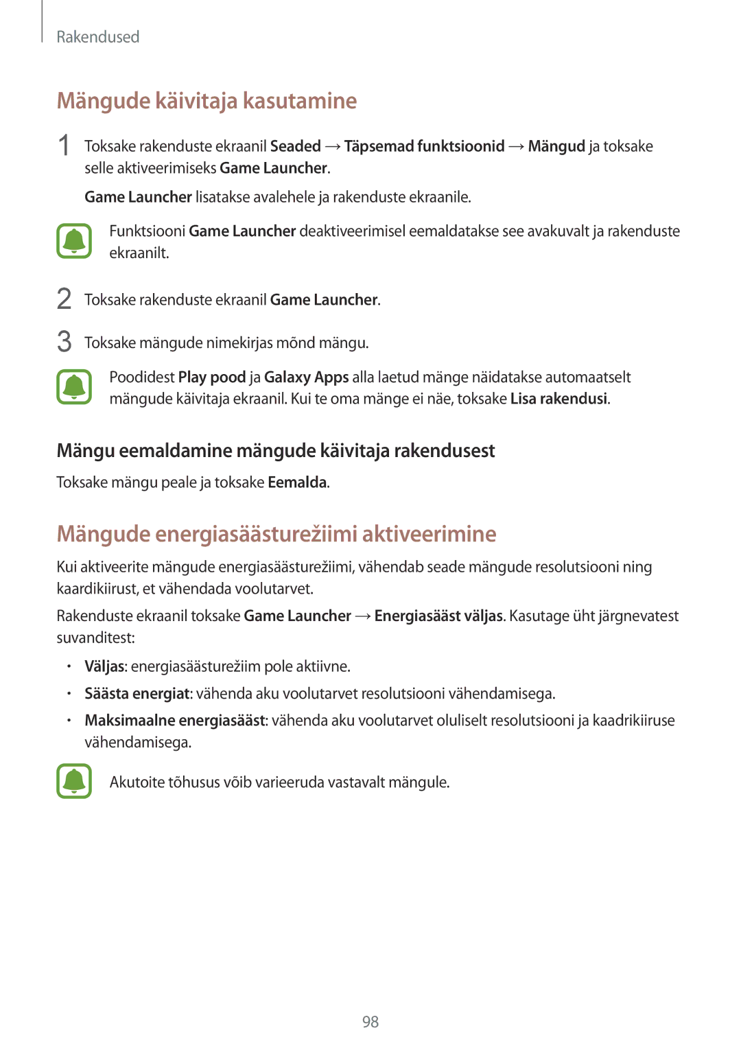 Samsung SM-G920FZBASEB manual Mängude käivitaja kasutamine, Mängude energiasäästurežiimi aktiveerimine 