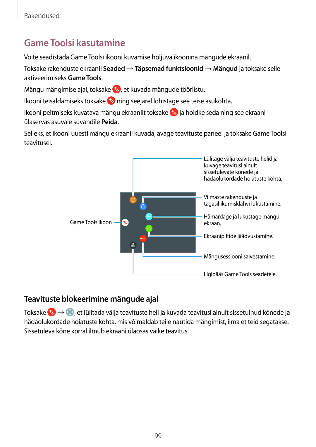 Samsung SM-G920FZBASEB manual Game Toolsi kasutamine, Teavituste blokeerimine mängude ajal 