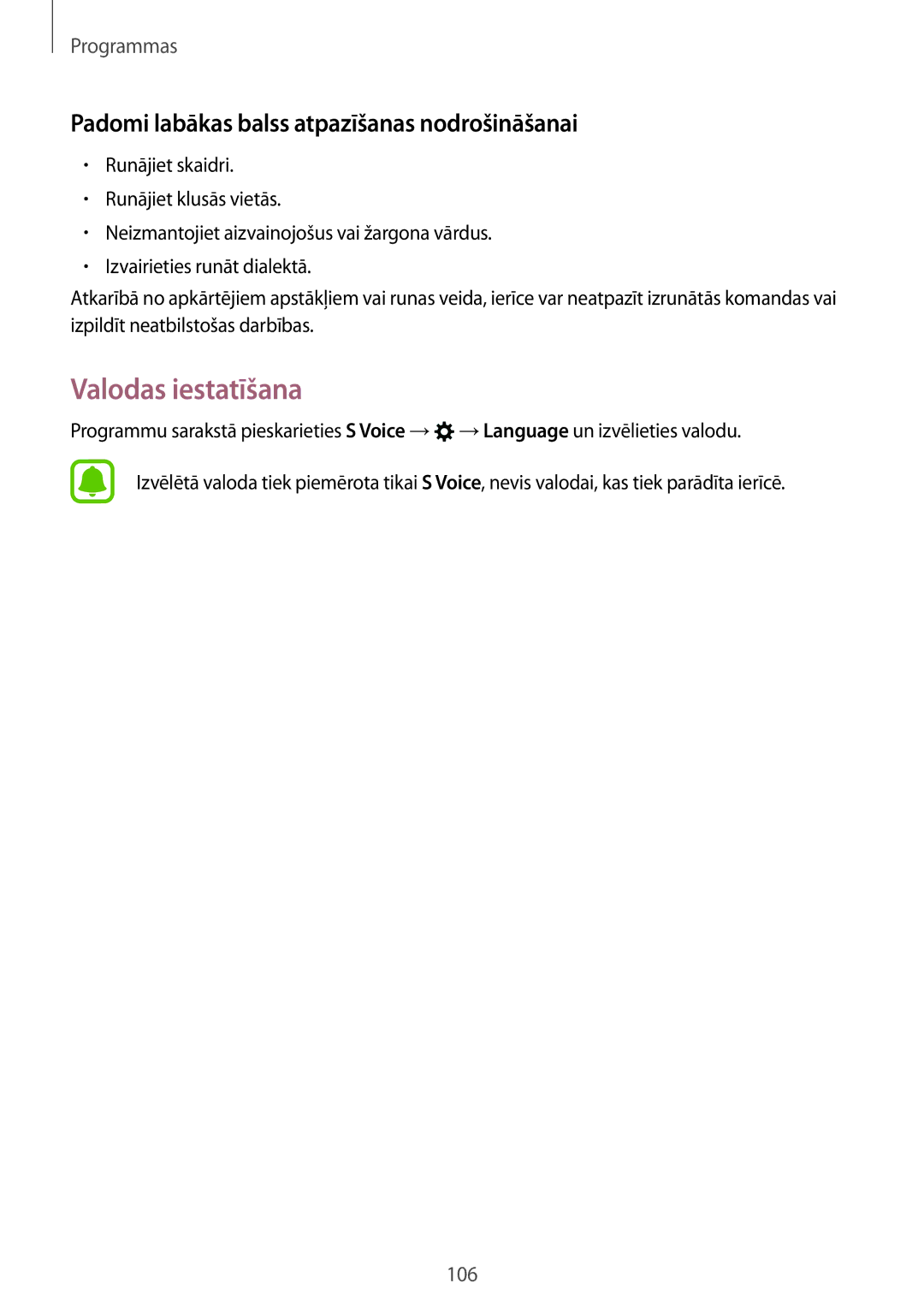 Samsung SM-G920FZBASEB manual Valodas iestatīšana, Padomi labākas balss atpazīšanas nodrošināšanai 