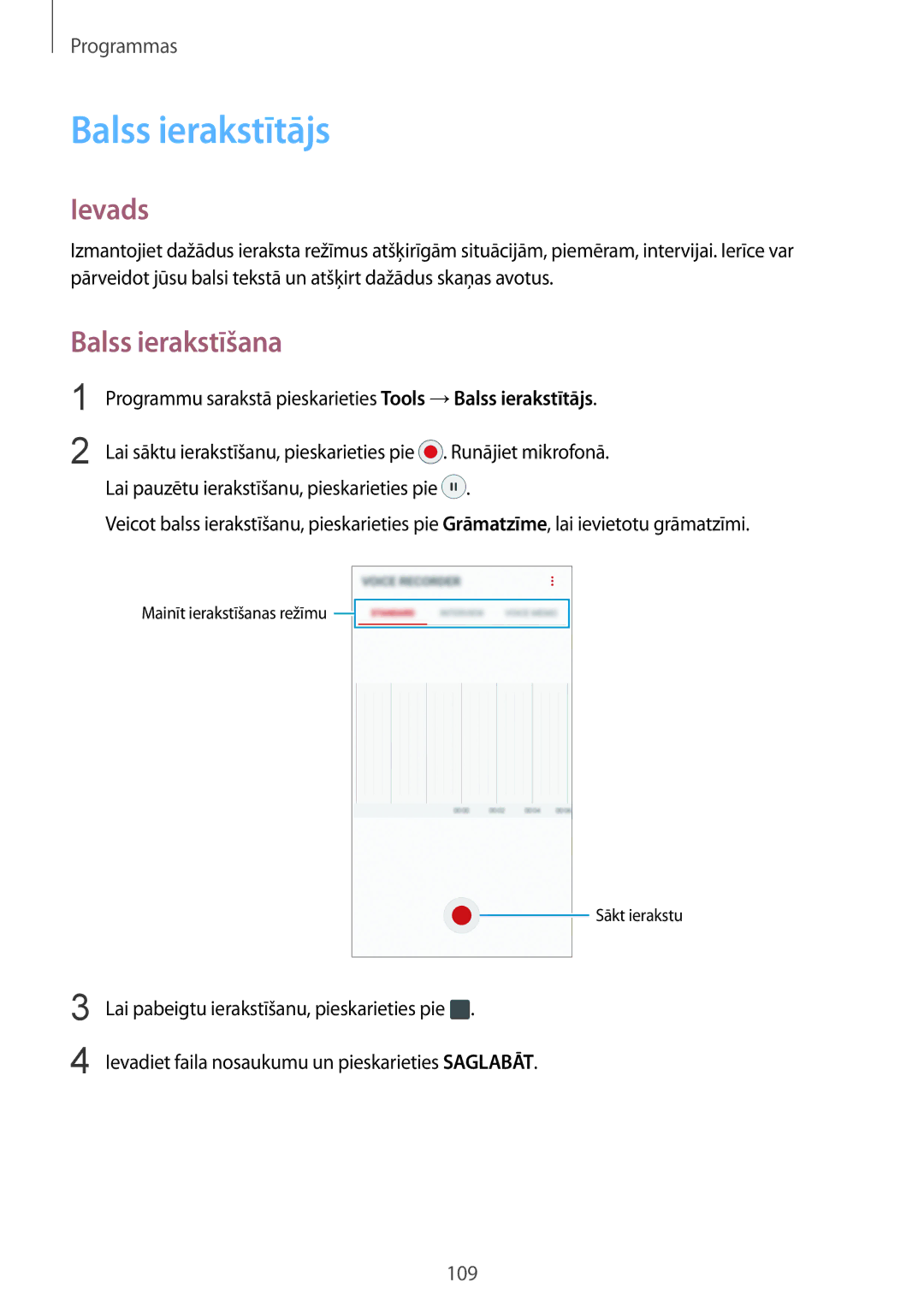 Samsung SM-G920FZBASEB manual Balss ierakstīšana, Programmu sarakstā pieskarieties Tools →Balss ierakstītājs 