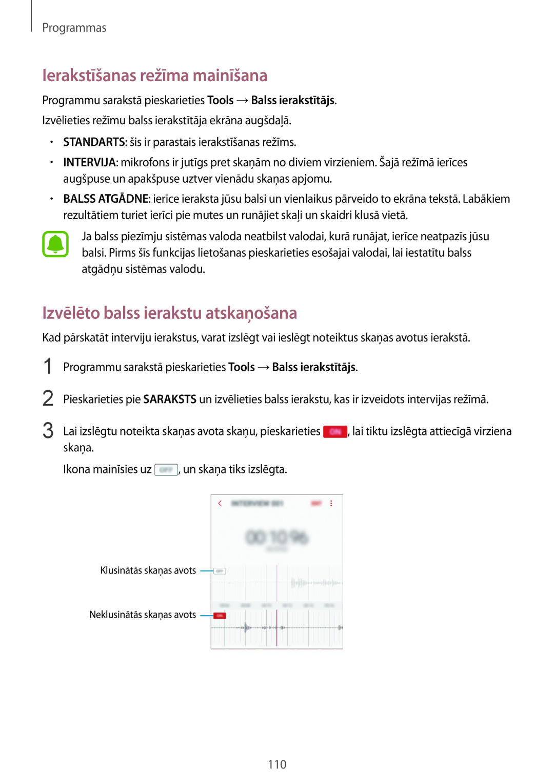 Samsung SM-G920FZBASEB manual Ierakstīšanas režīma mainīšana, Izvēlēto balss ierakstu atskaņošana 