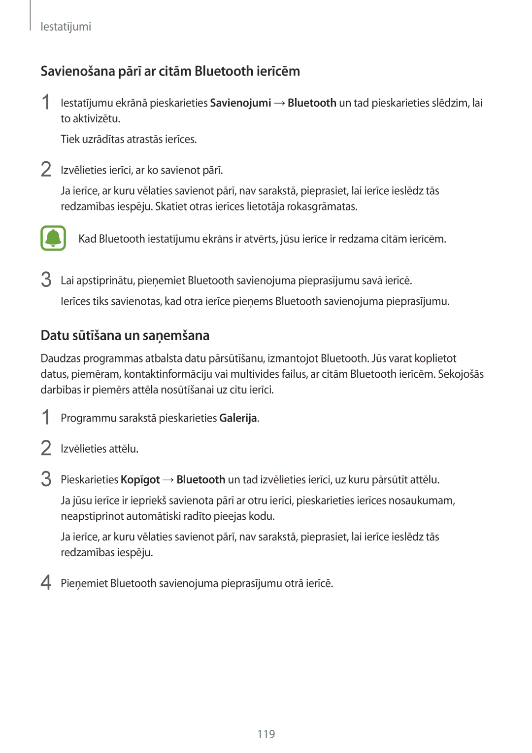 Samsung SM-G920FZBASEB manual Savienošana pārī ar citām Bluetooth ierīcēm, Datu sūtīšana un saņemšana 