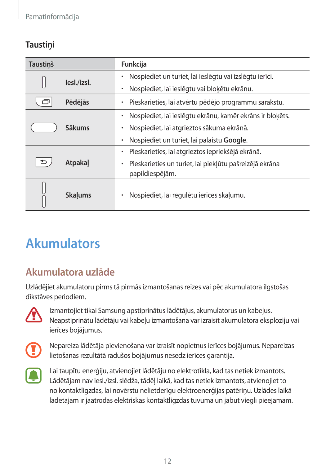 Samsung SM-G920FZBASEB manual Akumulators, Akumulatora uzlāde, Taustiņi 