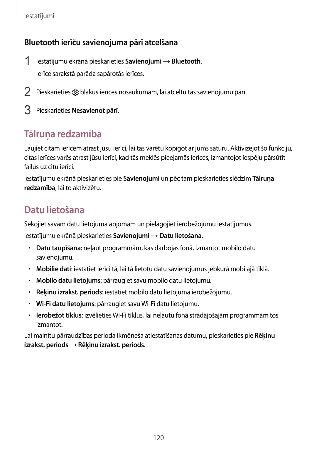 Samsung SM-G920FZBASEB manual Tālruņa redzamība, Datu lietošana, Bluetooth ierīču savienojuma pārī atcelšana 