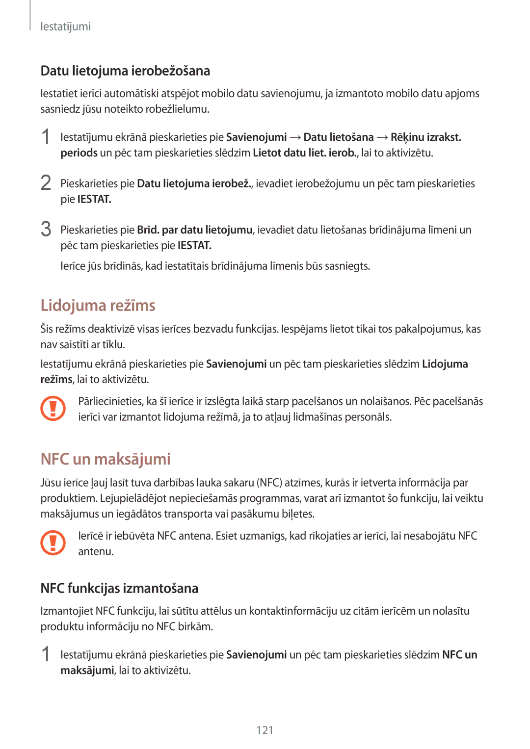 Samsung SM-G920FZBASEB manual Lidojuma režīms, NFC un maksājumi, Datu lietojuma ierobežošana, NFC funkcijas izmantošana 