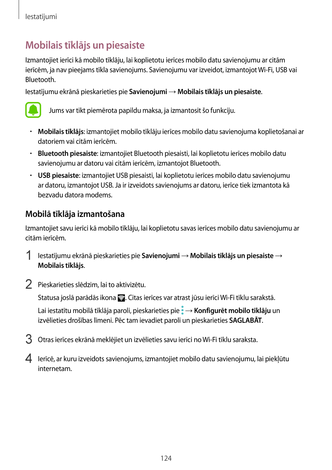 Samsung SM-G920FZBASEB manual Mobilais tīklājs un piesaiste, Mobilā tīklāja izmantošana 