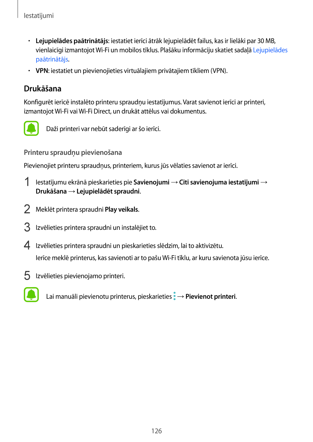 Samsung SM-G920FZBASEB manual Drukāšana, Printeru spraudņu pievienošana, Daži printeri var nebūt saderīgi ar šo ierīci 