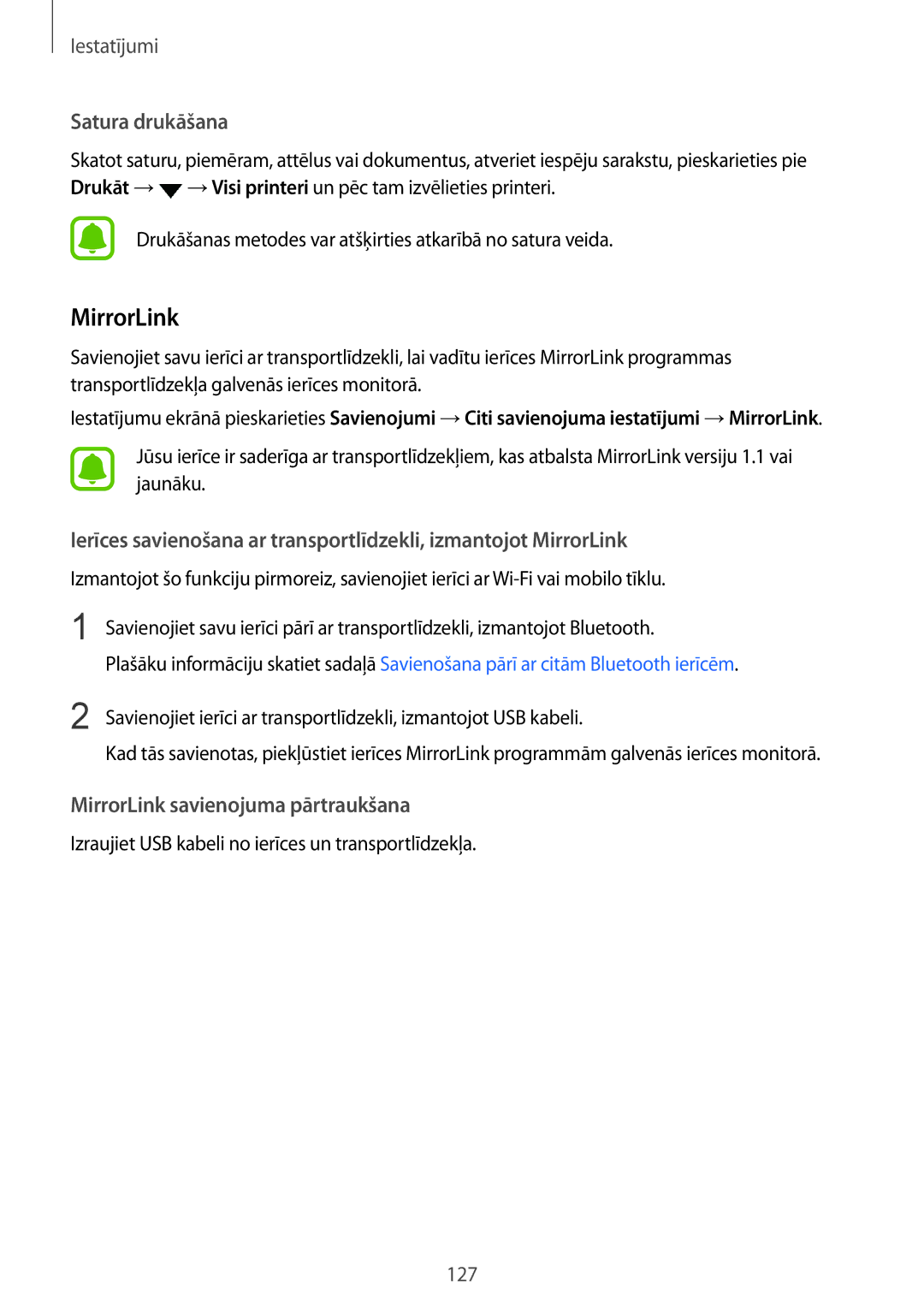 Samsung SM-G920FZBASEB manual Satura drukāšana, MirrorLink savienojuma pārtraukšana 