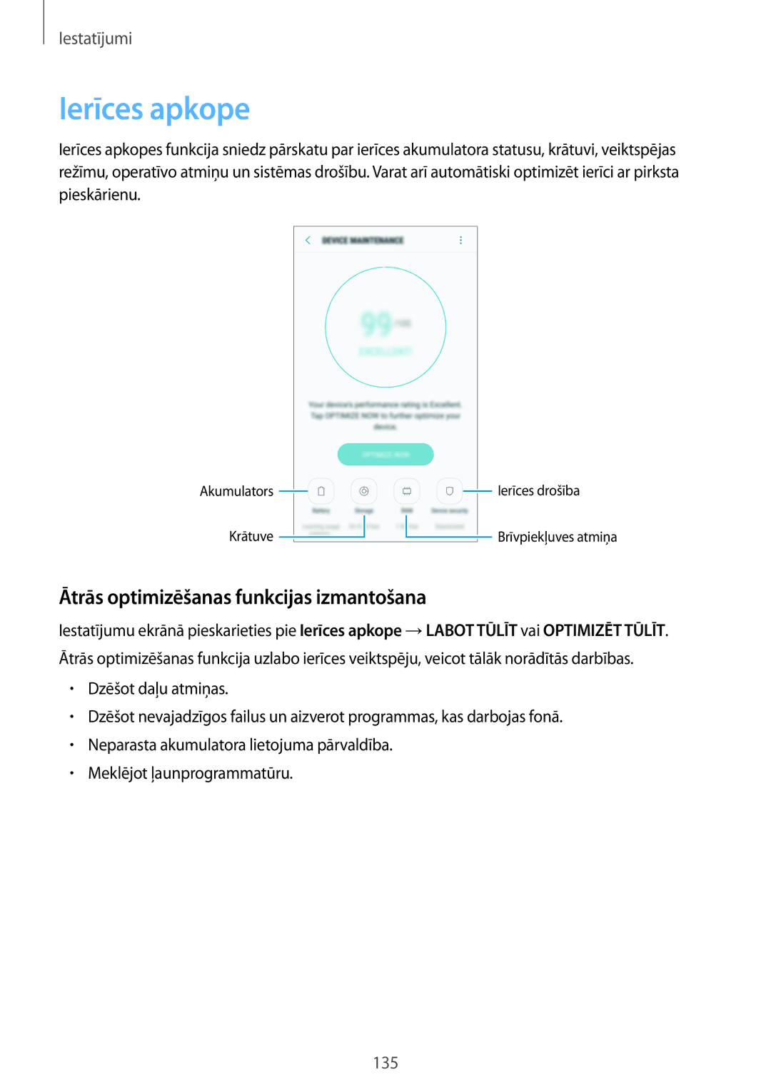 Samsung SM-G920FZBASEB manual Ierīces apkope, Ātrās optimizēšanas funkcijas izmantošana 