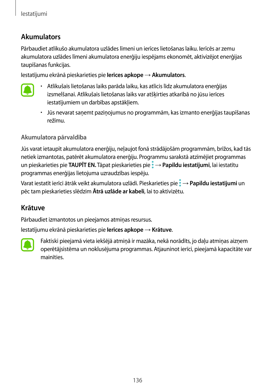 Samsung SM-G920FZBASEB manual Akumulators, Krātuve, Akumulatora pārvaldība 