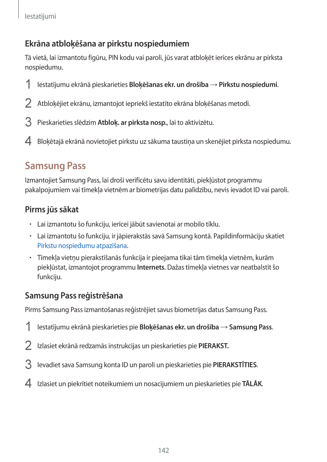 Samsung SM-G920FZBASEB manual Ekrāna atbloķēšana ar pirkstu nospiedumiem, Samsung Pass reģistrēšana 