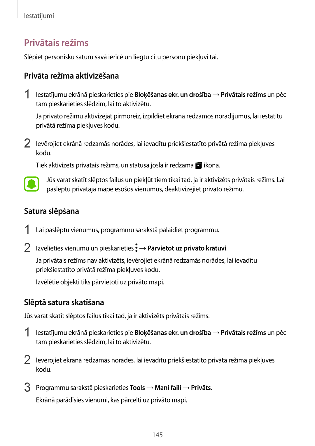 Samsung SM-G920FZBASEB manual Privātais režīms, Privāta režīma aktivizēšana, Satura slēpšana, Slēptā satura skatīšana 